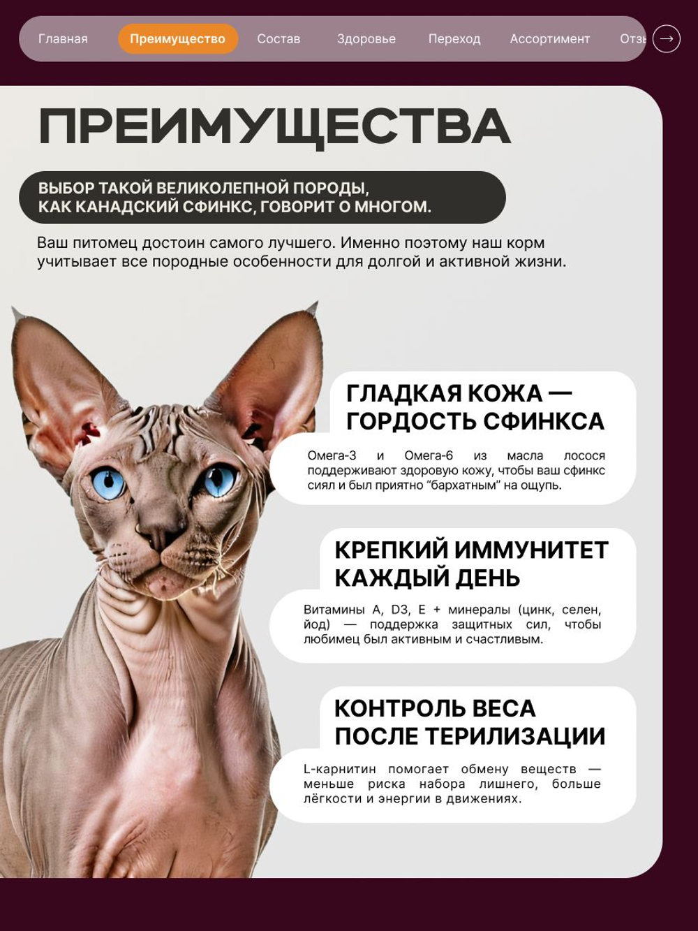 Корм сухой для взрослых стерилизованных кошек породы Канадский сфинкс, полнорационный комплекс, с индейкой, 2 кг, QUATTRO