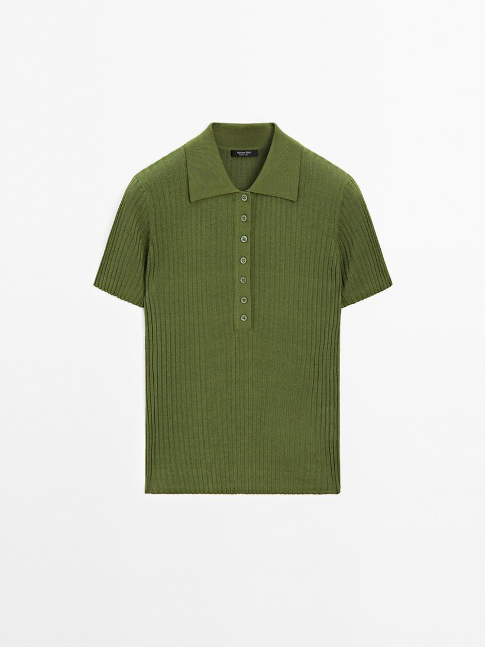 Massimo Dutti Трикотажный свитер-поло из смесового хлопка, оливковый