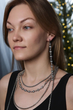 Серьги "Богема" длинные "дорожки"  с цирконами, оттенок серебро