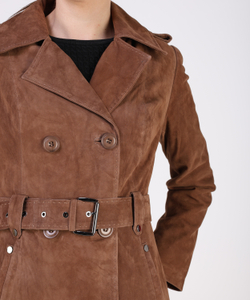 Тренч длинный кожаный с поясом плащ замшевый