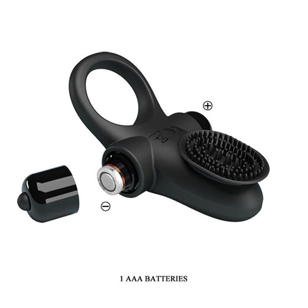 Черное эрекционное виброкольцо с клиторальной щеточкой Pretty Love Vibrant Penis Ring II BI-210205