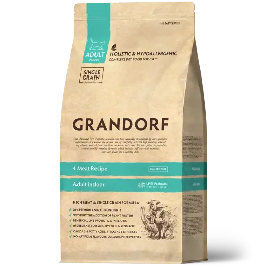 Сухой низкозерновой корм GRANDORF CAT 4 Meat PROBIOTIC INDOOR Четыре вида мяса для домашних кошек 0,4кг