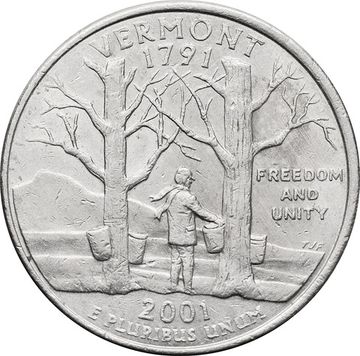 25 центов (1/4 доллара, квотер) 2001 США «Штат Вермонт» (D)