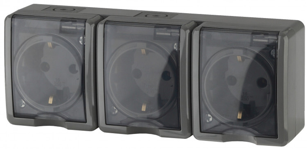 Розетка 3-местная накладная IP54, шторки, 16A-250В, серый Эксперт ЭРА
