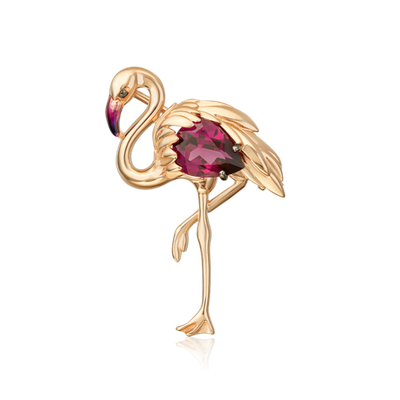 Брошь «Розовый фламинго» из красного золота с гранатом и эмалью