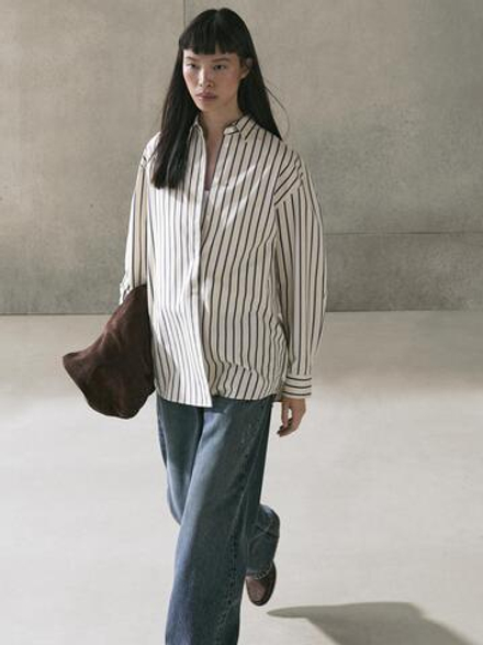 Massimo Dutti Рубашка из 100% хлопка в полоску, ванильный