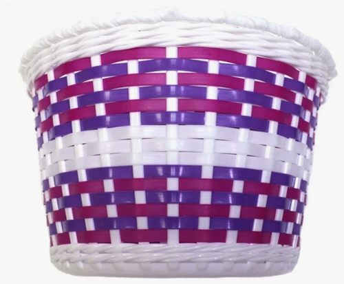 Корзина TRIX для детского велосипеда 12"-16", крепление на руль, 235х165х155мм, пластиковая, плетёная, бело-бордово-фиолетовая (50)