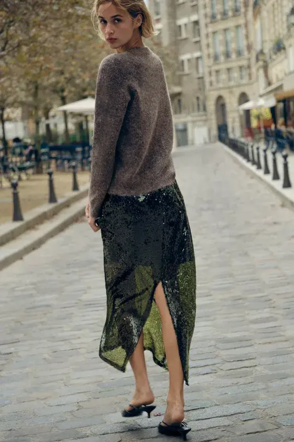 ZARA ОДНОТОННЫЙ СВИТЕР ИЗ ШЕРСТИ И АЛЬПАКИ, СЕРО-КОРИЧНЕВЫЙ