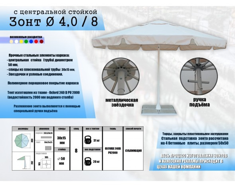 Зонт Митек Ø 4,0 м с воланом (стальной каркас с подставкой, стойка 50мм, 8 спиц 30х15мм, тент OXF 300D) порошковая краска