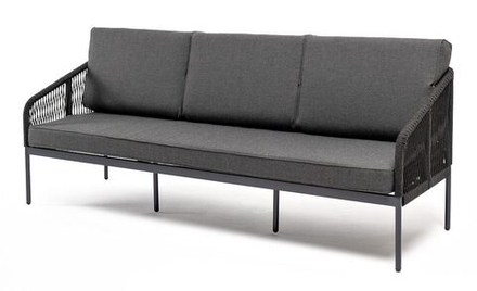 "Канны" диван 3-местный плетеный из роупа, каркас алюминий темно-серый (RAL7024) шагрень, роуп темно-серый круглый, ткань темно-серая 019