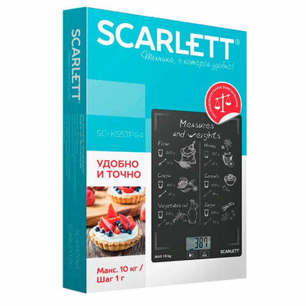 Весы кухонные SCARLETT SC-KS57P64, электронный дисплей, max вес 10 кг, тарокомпенсация, стекло