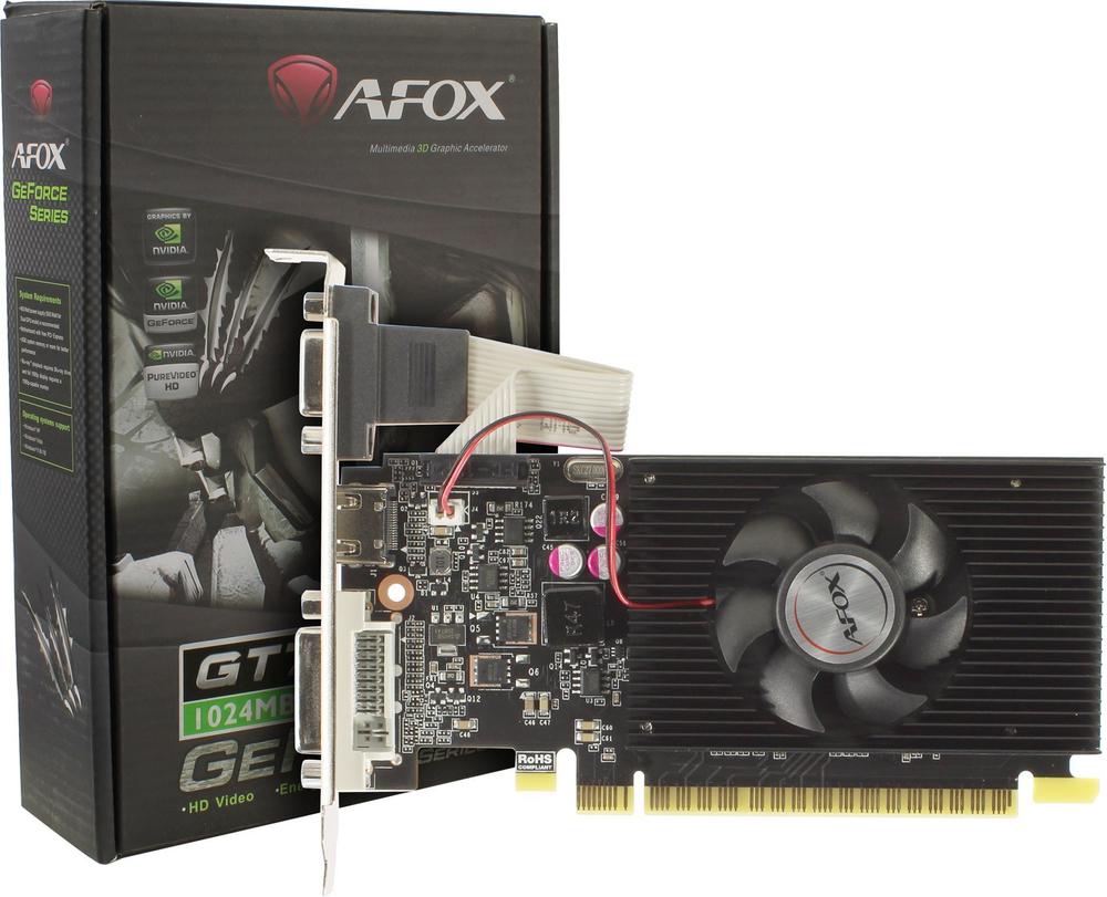 Видеокарта AFOX NVIDIA GeForce GT710, 1Гб GDDR3, 64 бита, LP, Retail, PCIe3.0, 1xFAN, 1-SLOT, 19Вт, VGA, HDMI, DVI (AF710-1024D3L8)