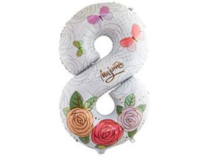 Шар фольга Цифра 8 МАРТА Розы 104см с гелием