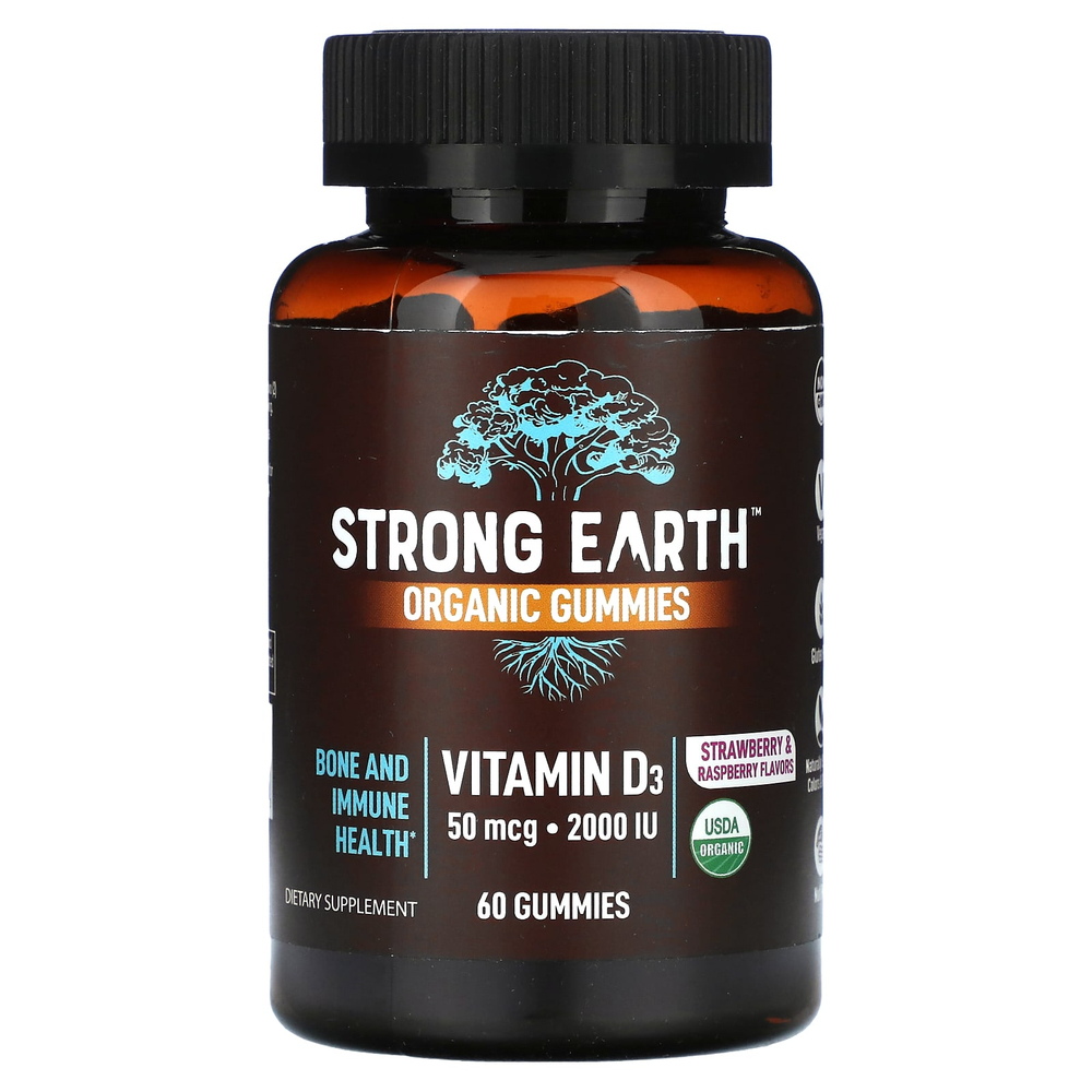 YumVs, Органические жевательные мармеладки Strong Earth, витамин D3, клубника и малина, 60 жевательных таблеток (1000 МЕ на жевательную таблетку)