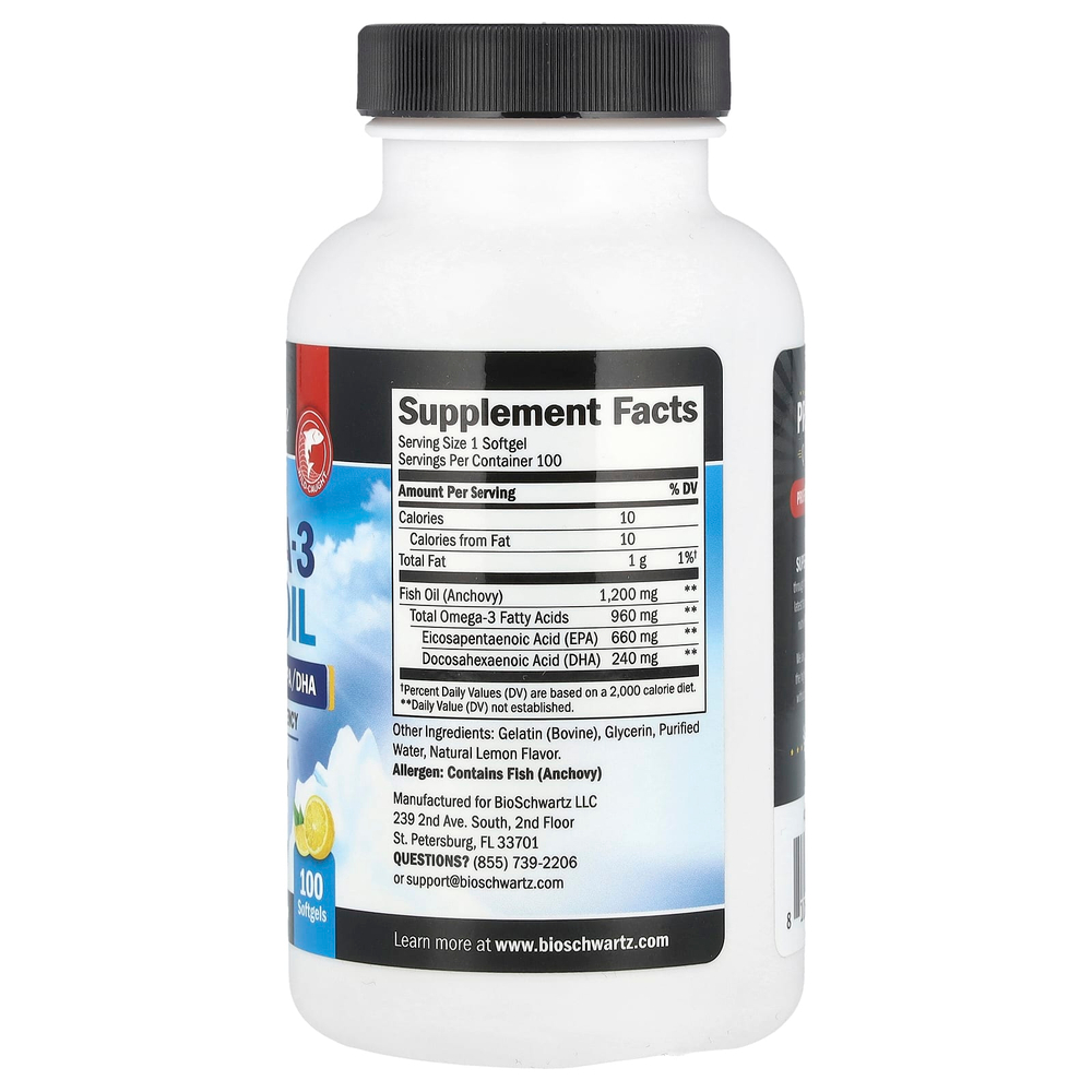 BioSchwartz, рыбий жир с омега-3 для приёма раз в день, тройная сила действия, высокая эффективность, лимон, 1200 мг, 100 капсул
