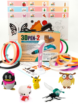 3D ручка 3DPEN-2 (цвет: розовый) с набором пластика PLA 120 метров (100 цветного, 20 светящегося) и трафаретами для рисования 3д ручкой.