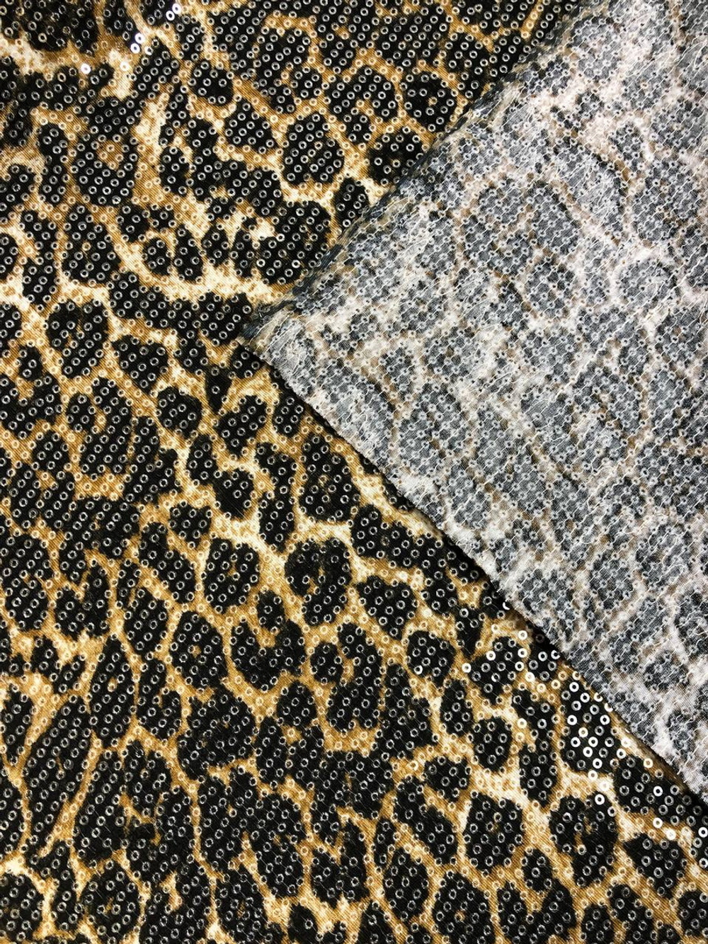Трикотаж принт леопард, беж/коричневый, паетка прозрачн VT#18