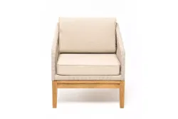 "Канны" кресло плетеное из роупа, основание дуб, роуп бежевый круглый, ткань бежевая 052