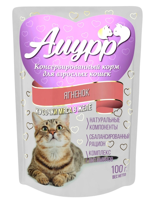 Амурр Влажный корм для взрослых кошек, ягненок в желе, 100 г