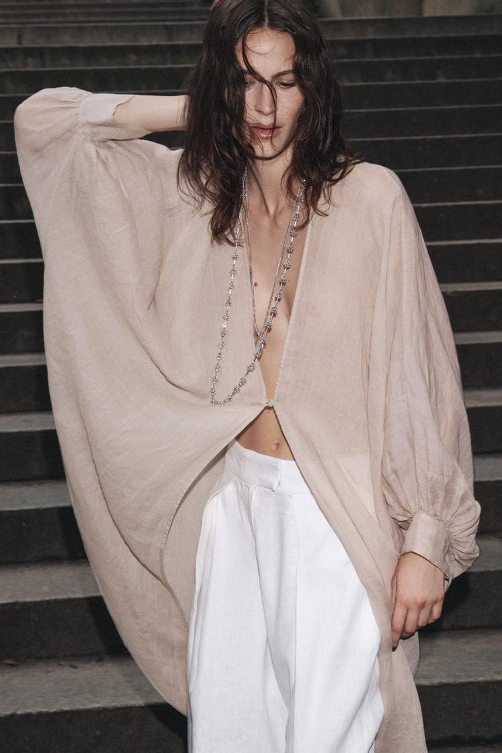 ZARA ДЛИННЫЙ ТОП ИЗ РАМИ — ZW COLLECTION, БЕЖЕВЫЙ