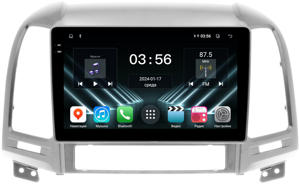 Магнитола для Hyundai Santa Fe 2 CM 2006-2012 (рамка серебро) - FarCar DX008M монитор 9.5" IPS на Android 13, 4+64Гб, CarPlay