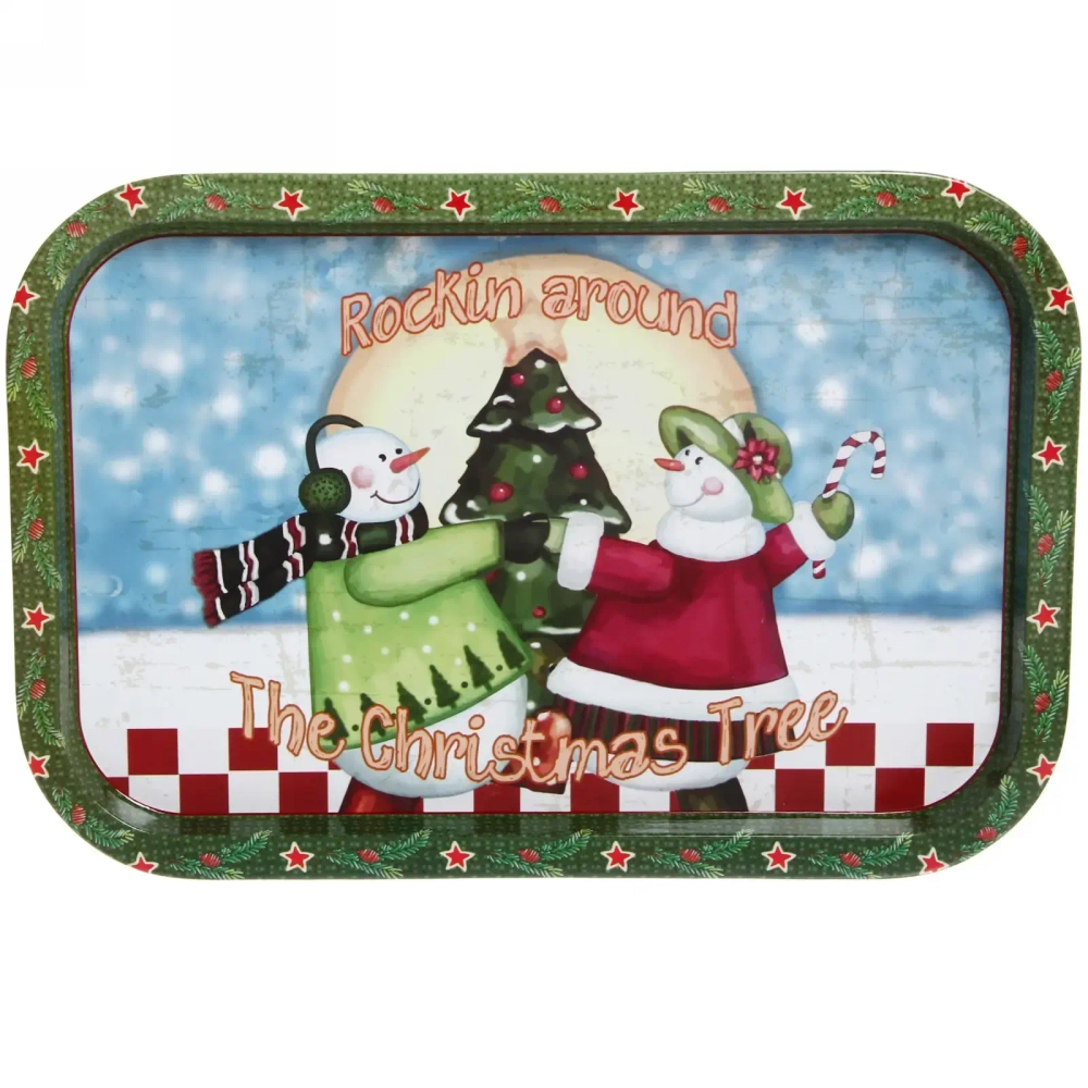 Поднос жестяной 34,5*23,5см «Снеговики у елки»