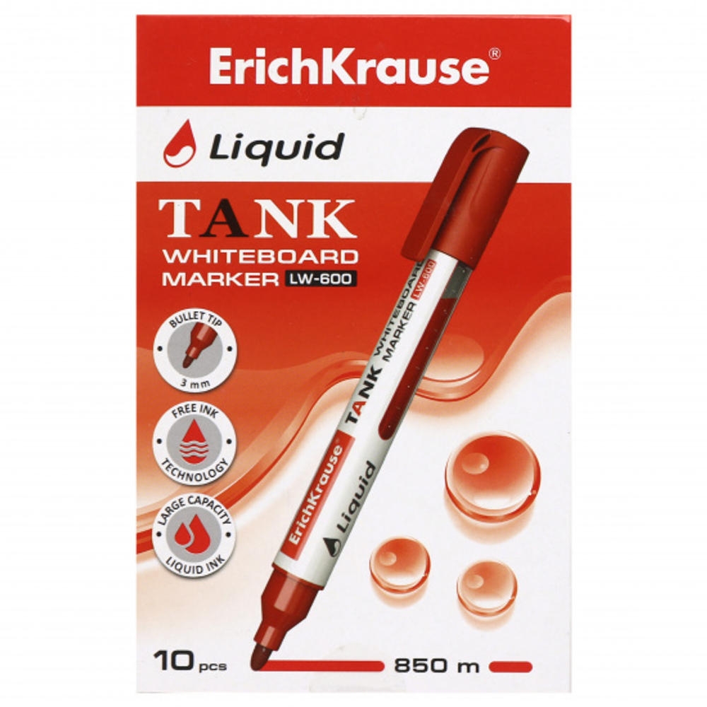 Маркер для доски, пулевидный, 2,38 мм, цвет красный, упаковка картонная коробка, Tank, Erich Krause, 48776