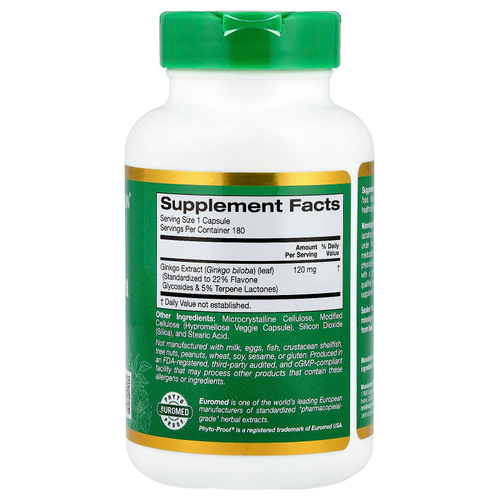 California Gold Nutrition, EuroHerbs®, экстракт гинкго билоба, качество Euromed, 120 мг, 180 растительных капсул