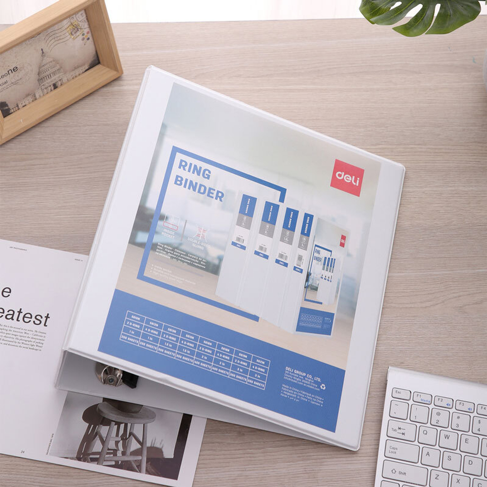 Папка презентационная DELI на 4-х кольцах, А4, с кармашком, корешок 98 мм, белая