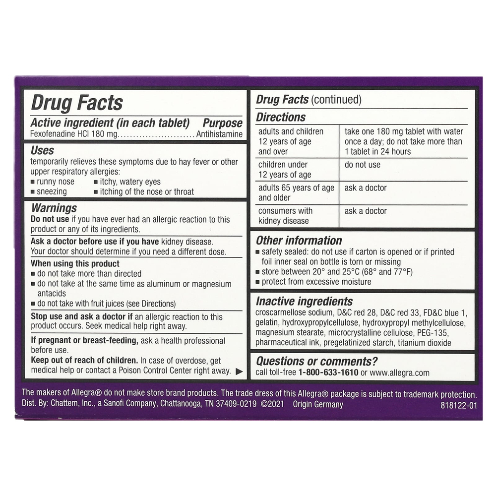 Allegra, Allergy 24H, 180 мг, 24 капсулы