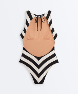 OYSHO Купальник халтер в диагональную полоску, черный
