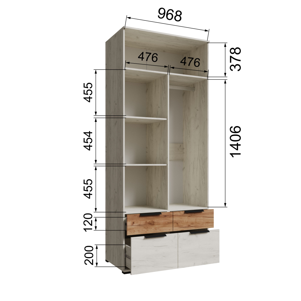 Шкаф для одежды Лилль 2-х створчатый с зеркалом и ящиками дуб крафт белый/дуб крафт табачный