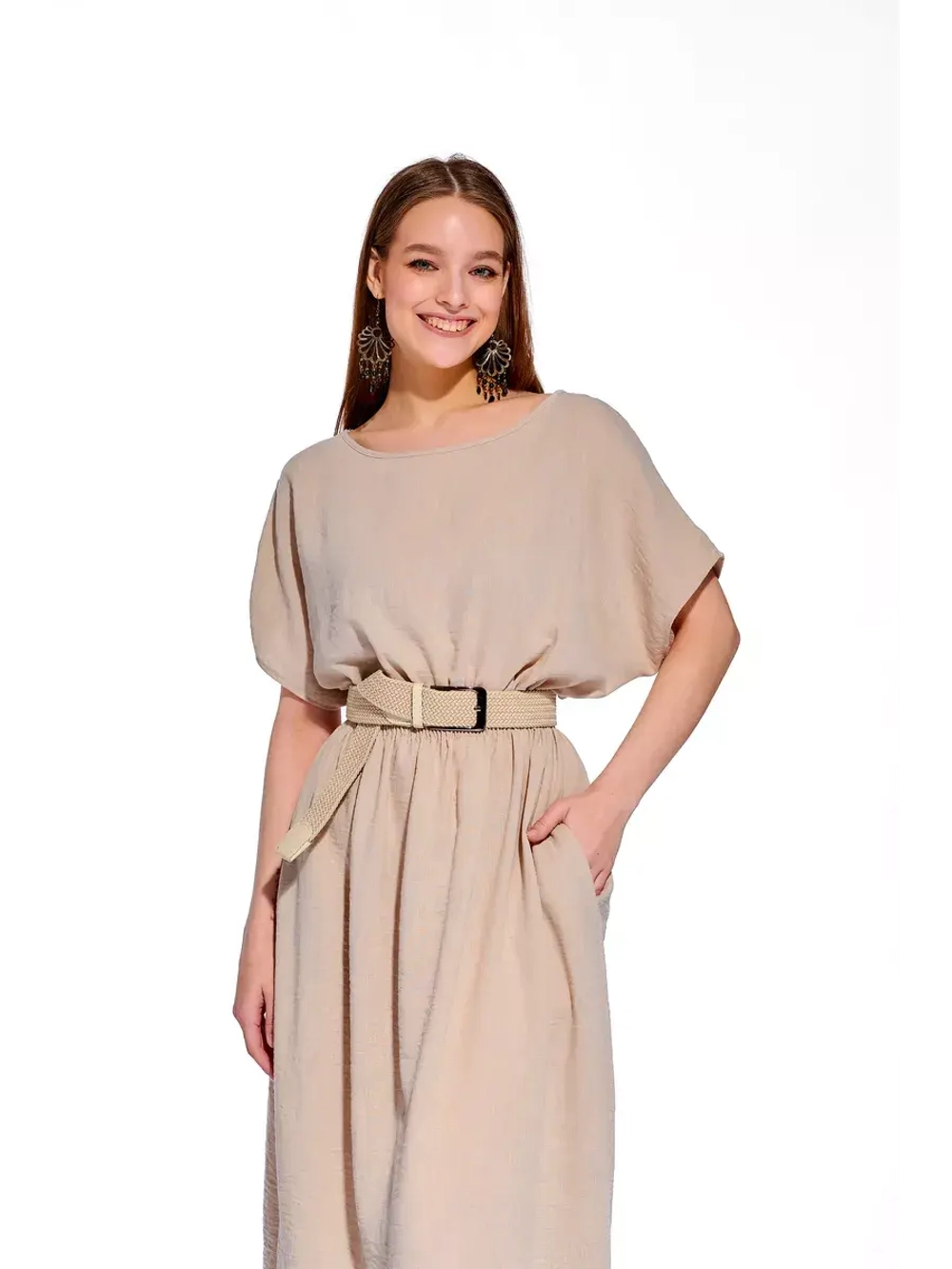 Платье длинное летнее из хлопка и льна жатка