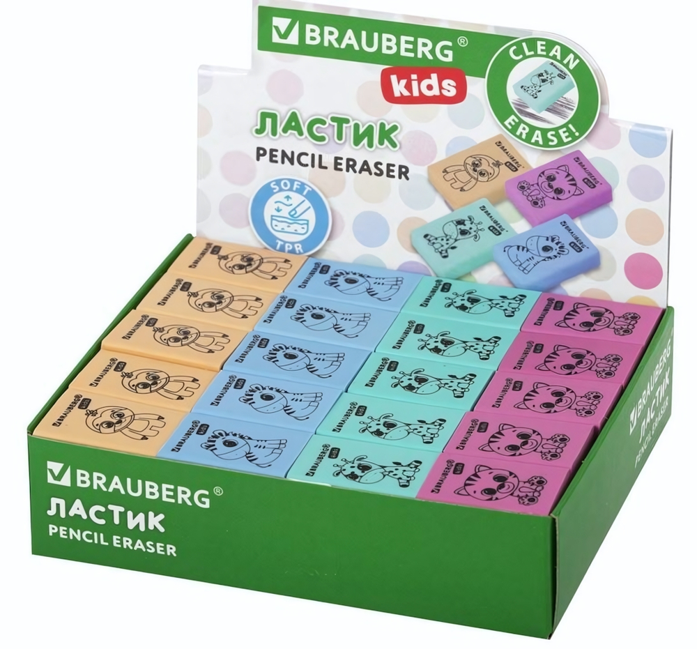 Ластик прямоугльный 26х17х7мм,в ассорт. "Школьный" (BRAUBERG)
