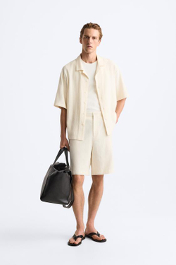 ZARA ШОРТЫ ИЗ РЕЛЬЕФНОЙ ТКАНИ, ЖЕЛТОВАТО-БЕЛЫЙ