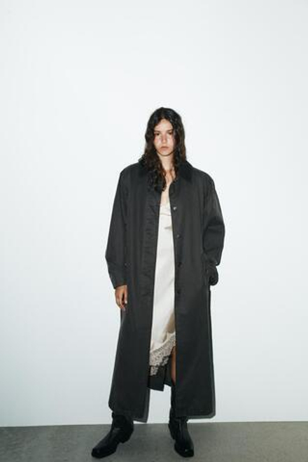 ZARA ВОЩЕНЫЙ ТРЕНЧ С ВЕЛЬВЕТОВЫМ ВОРОТНИКОМ, АНТРАЦИТОВО-СЕРЫЙ