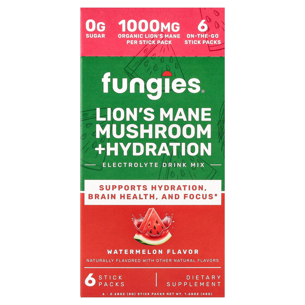 Fungies, ежовик гребенчатый, гриб, гидратация, смесь для приготовления электролитического напитка, арбуз, 6 пакетиков по 8 г (0,28 унции)