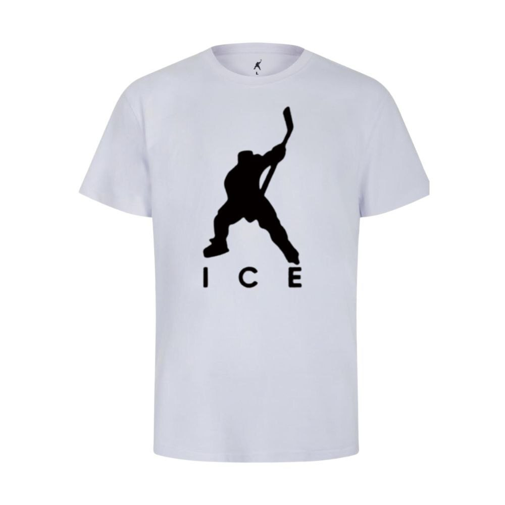 Футболка с черным средним хоккеистом гель и надписью под ним ICE