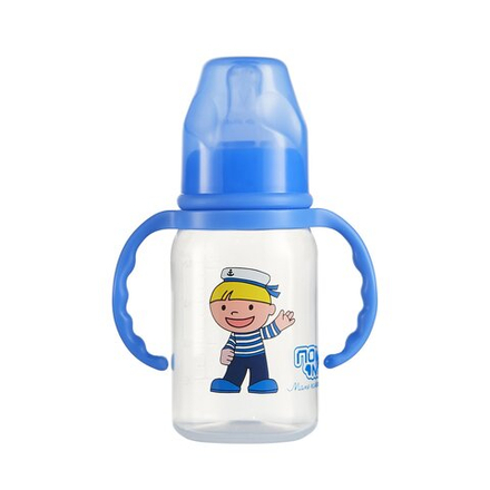 Бутылочка с ручками с силиконовой соской со средним потоком ПОМА 140 мл. с 4 месяцев, синий