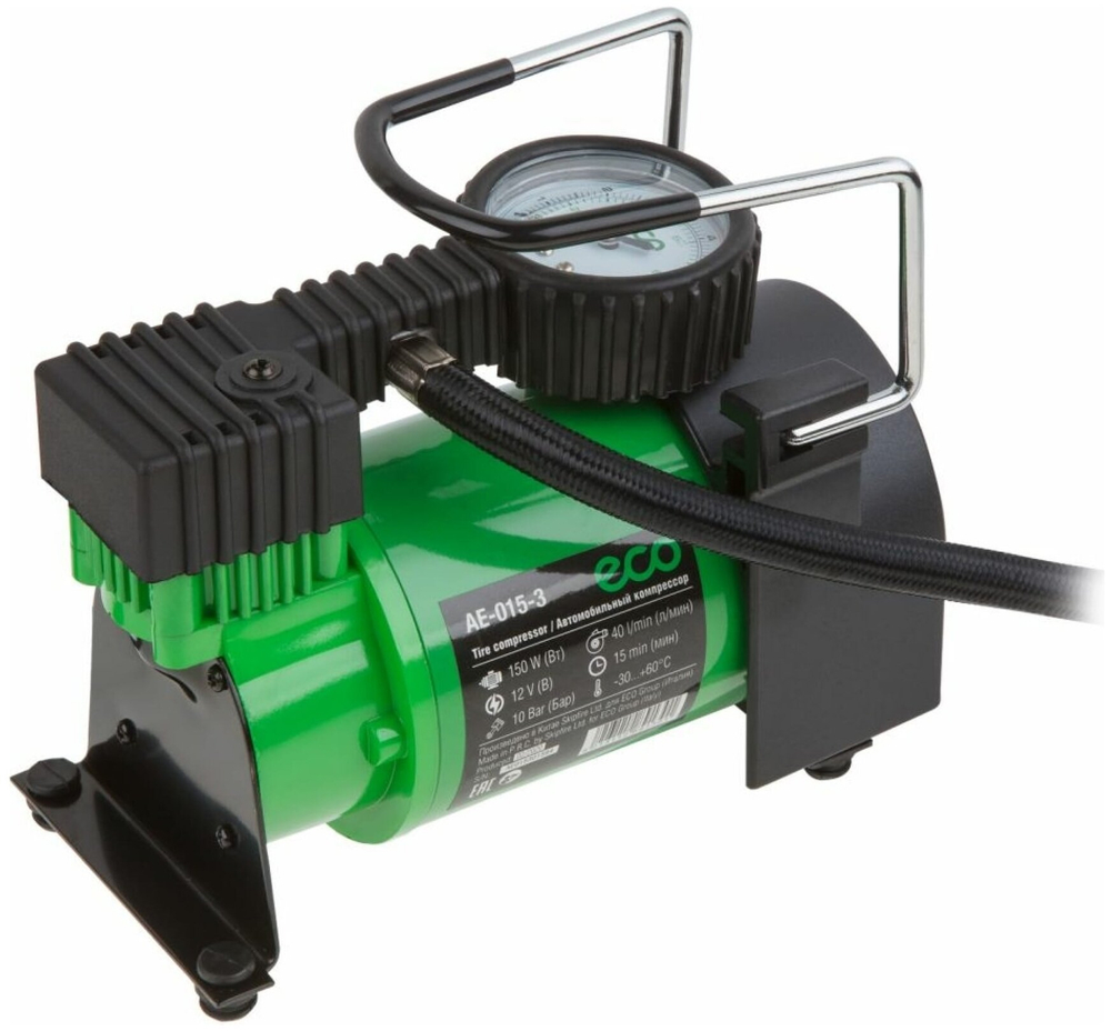 Компрессор автомобильный ECO AE-015-3, 40 л/мин, аналоговый манометр, защита от перегрева