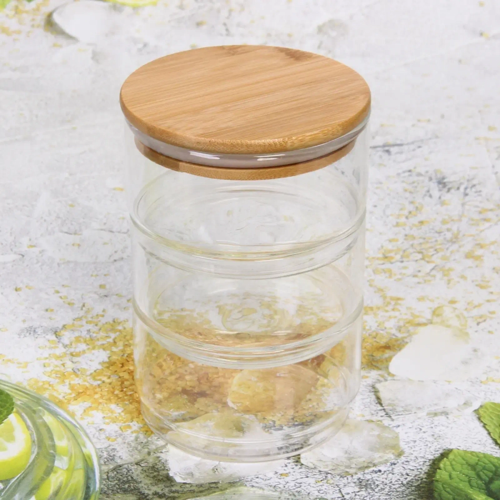 Банка для продуктов стеклянная «Хай-Тек» в наборе 3*400мл с бамбуковой крышкой 11*6см