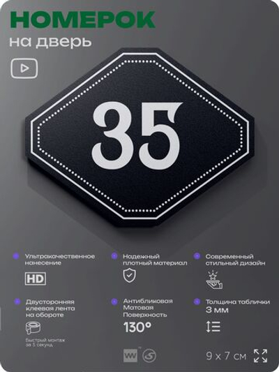 Номерок на дверь квартиры 35, для кабинета, офиса, шильдик 9 х 7 см, черный, Айдентика Технолоджи