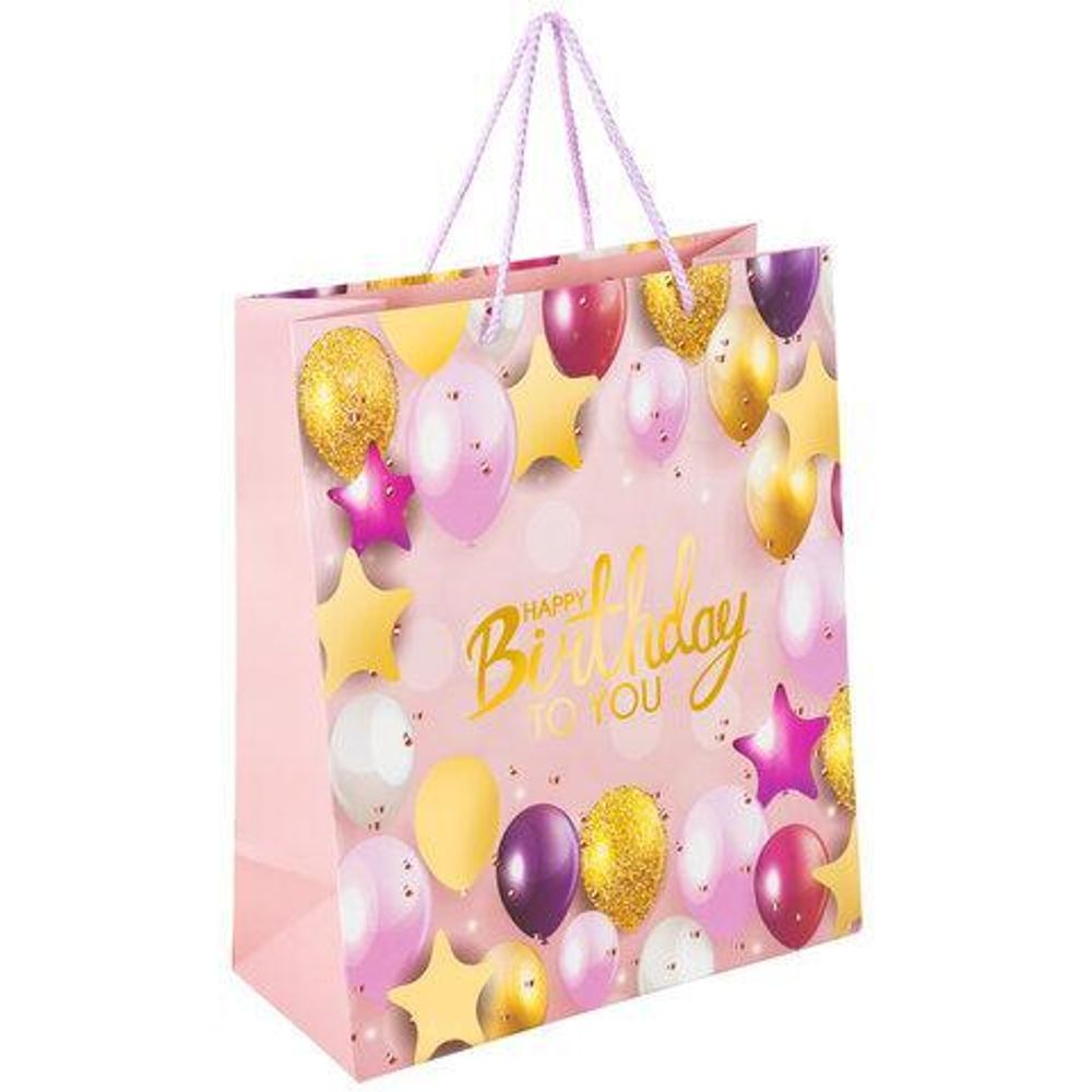 Пакет подарочный 26x13x32см. &quot;Happy Birthday&quot; фольга, розовый (Золотая сказка)