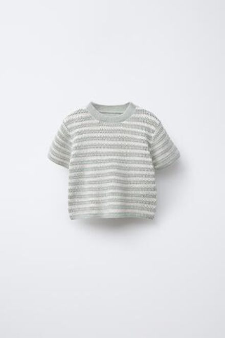 ZARA ТРИКОТАЖНЫЙ ТОП В ПОЛОСКУ С КОРОТКИМИ РУКАВАМИ, ЭКРЮ