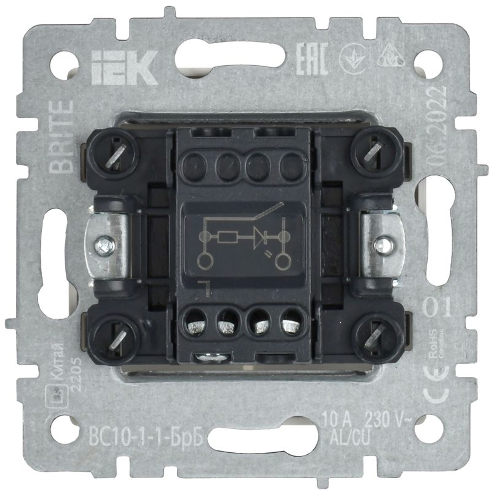 Выключатель 1-кл. СП BRITE ВС10-1-1-БрБ 10А с индик. механизм бел. IEK BR-V10-1-10-K01