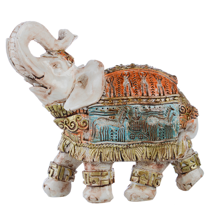 Статуэтка Слон взгляд вправо попона оранжево-голубая узор золотистый цвет бежевый 18 см