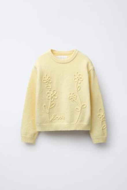 ZARA ТРИКОТАЖНЫЙ ДЖЕМПЕР С ЦВЕТАМИ ИЗ ШНУРА, ЖЕЛТЫЙ