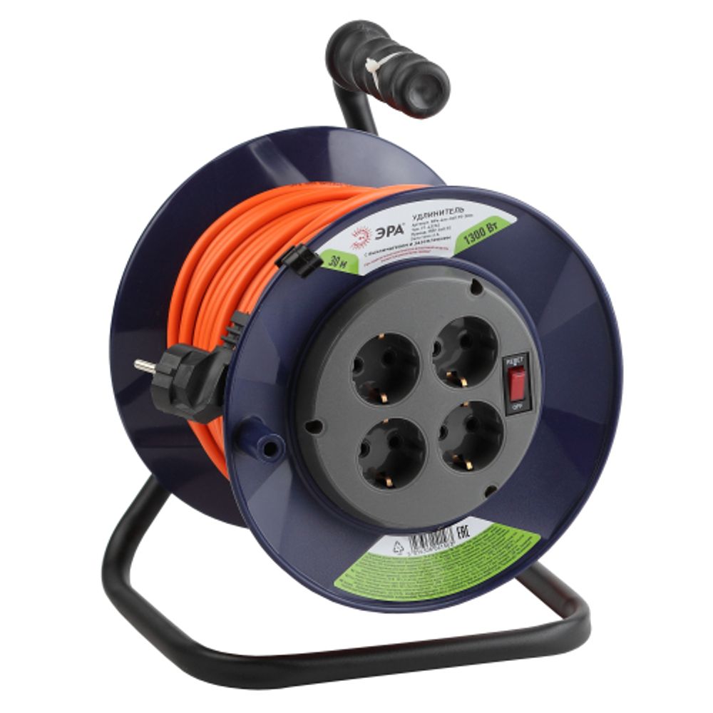 Удлинитель силовой ЭРА RPx-4es-3х0.75-30m на пластиковой катушке c заземлением 4 розетки 30м ПВС 3х0.75мм2 | Силовые удлинители