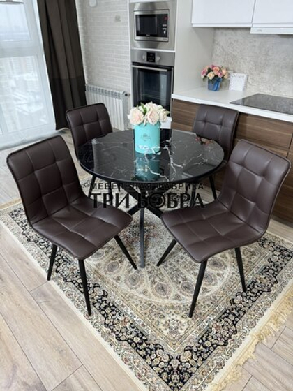 Круглый стеклянный раздвижной стол "Черный оникс" и стулья "ГУЧИ" коричневый