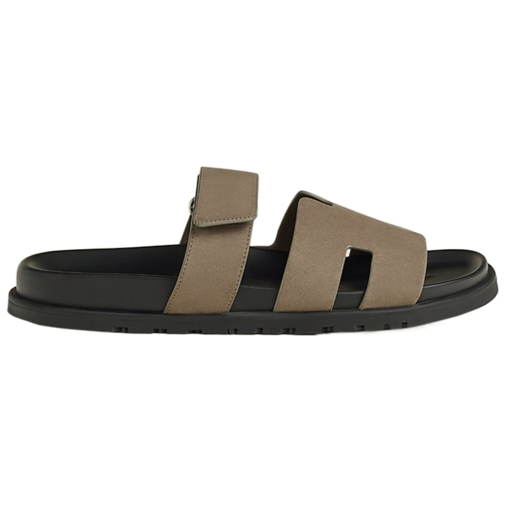 Hermes Chypre suede leather velcro flat-bottomed slippers men's khaki, H222856Z HX3